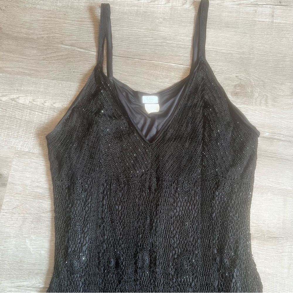 Vintage Black crochet evening dress with black bugle beads
V-neck thin straps - Picture 4 of 14